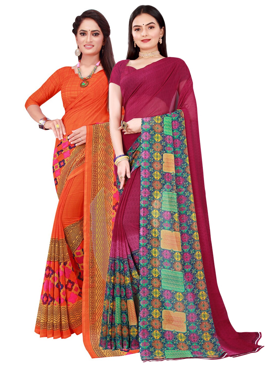 

KALINI Orange & Maroon Pure Georgette Saree