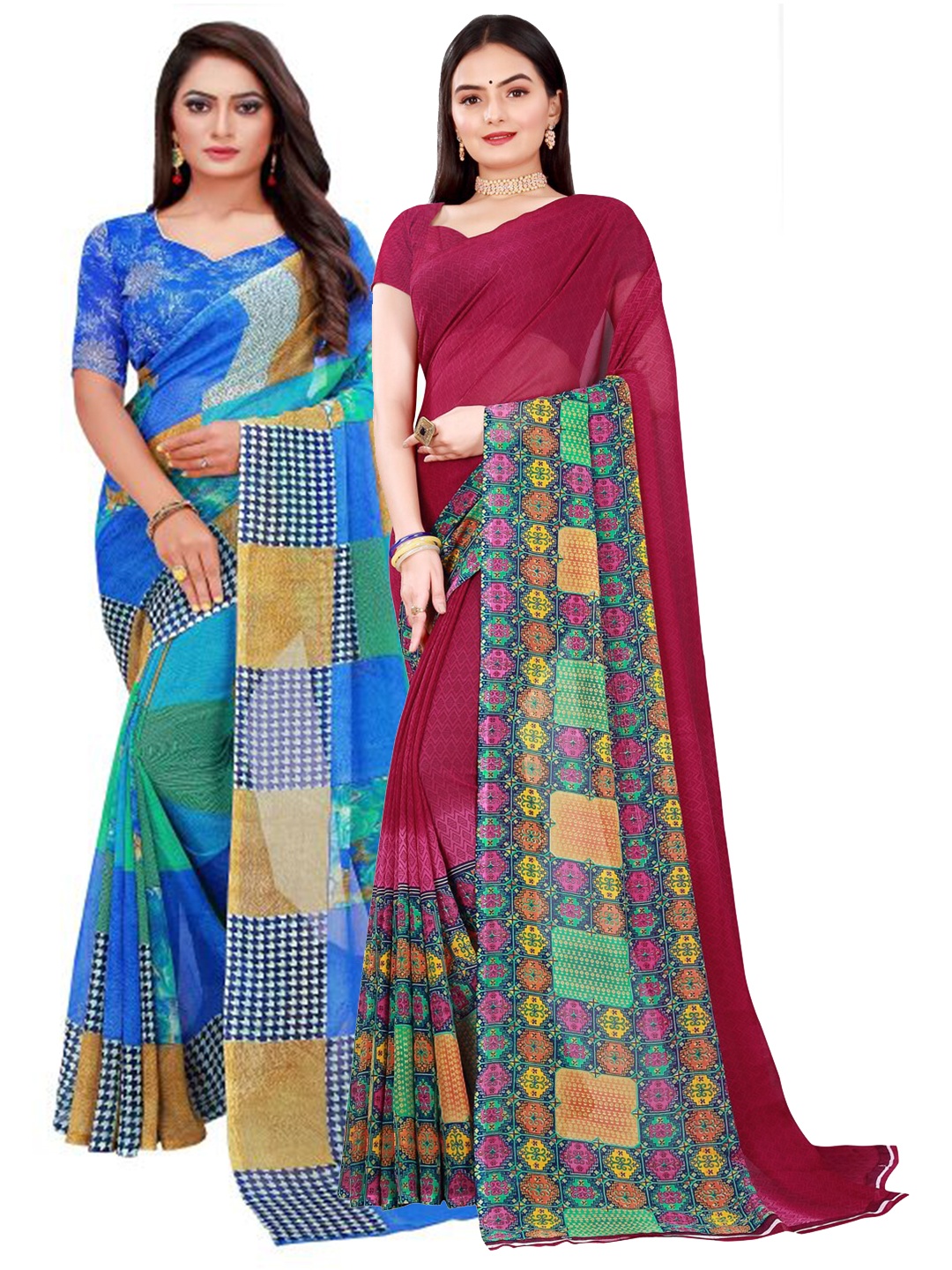 

KALINI Blue & Maroon Pure Georgette Saree