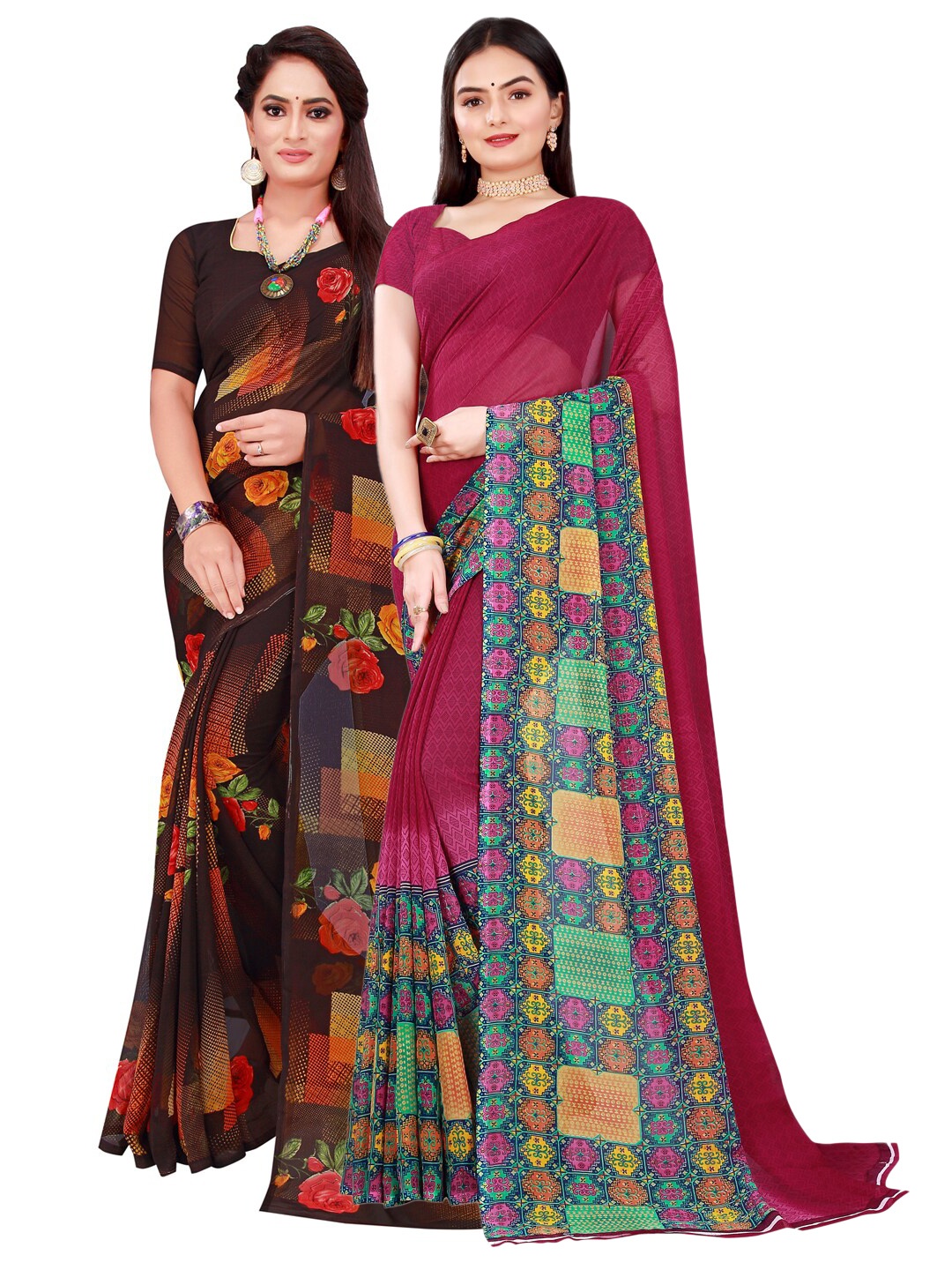 

KALINI Maroon & Brown Pure Georgette Saree