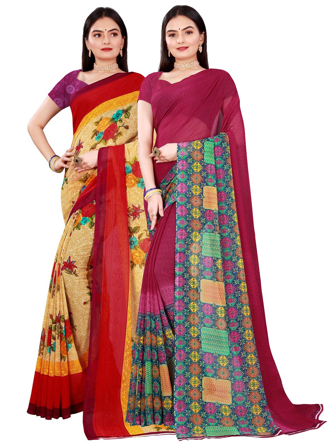 

KALINI Beige & Maroon Pure Georgette Saree