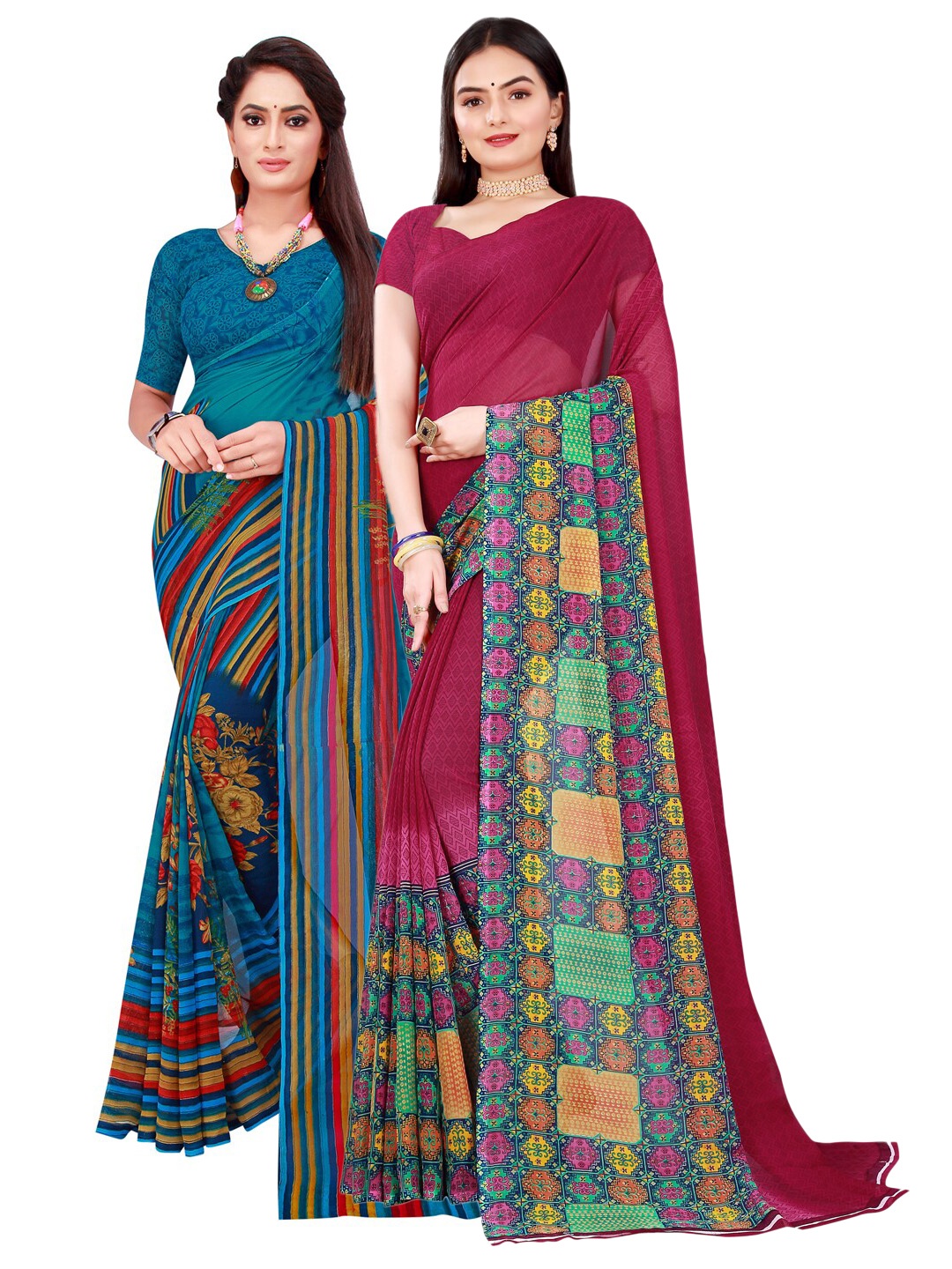 

KALINI Maroon & Blue Pure Georgette Saree