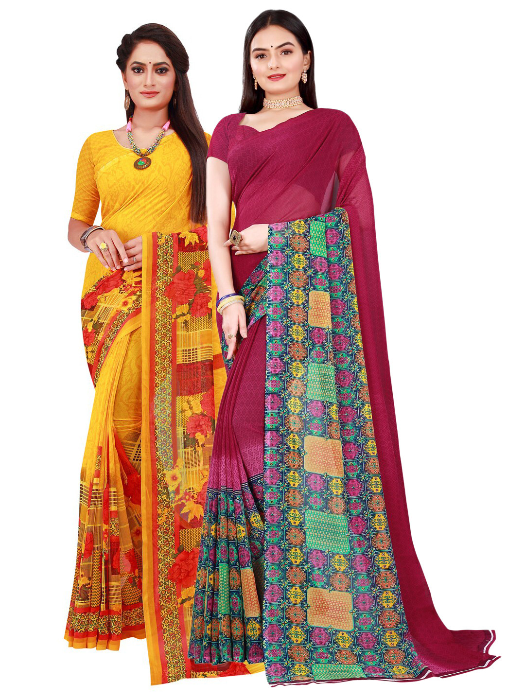 

KALINI Yellow & Maroon Pure Georgette Saree