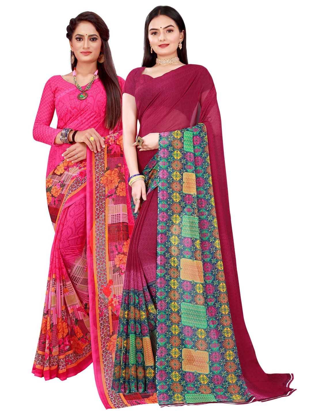 

KALINI Pink & Maroon Pure Georgette Saree