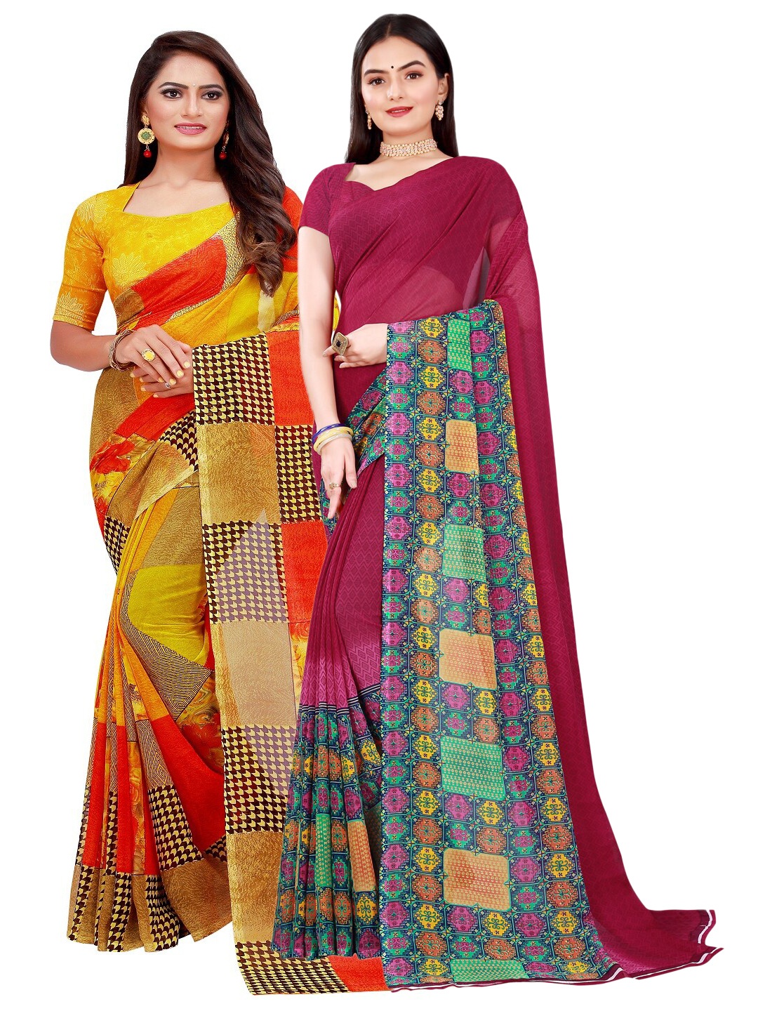 

KALINI Maroon & Yellow Pure Georgette Saree