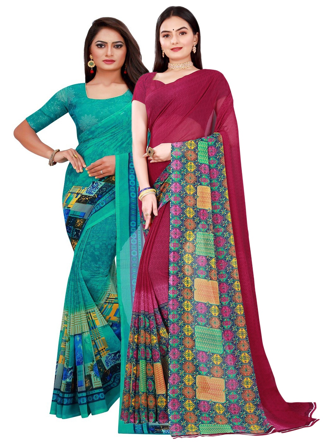 

KALINI Teal & Maroon Pure Georgette Saree