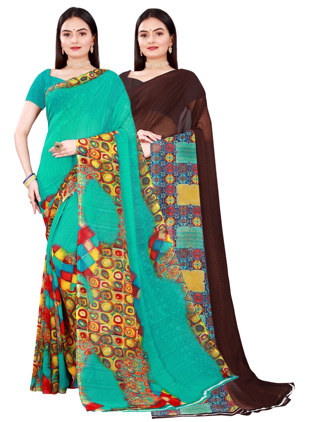 

KALINI Brown & Green Pure Georgette Saree