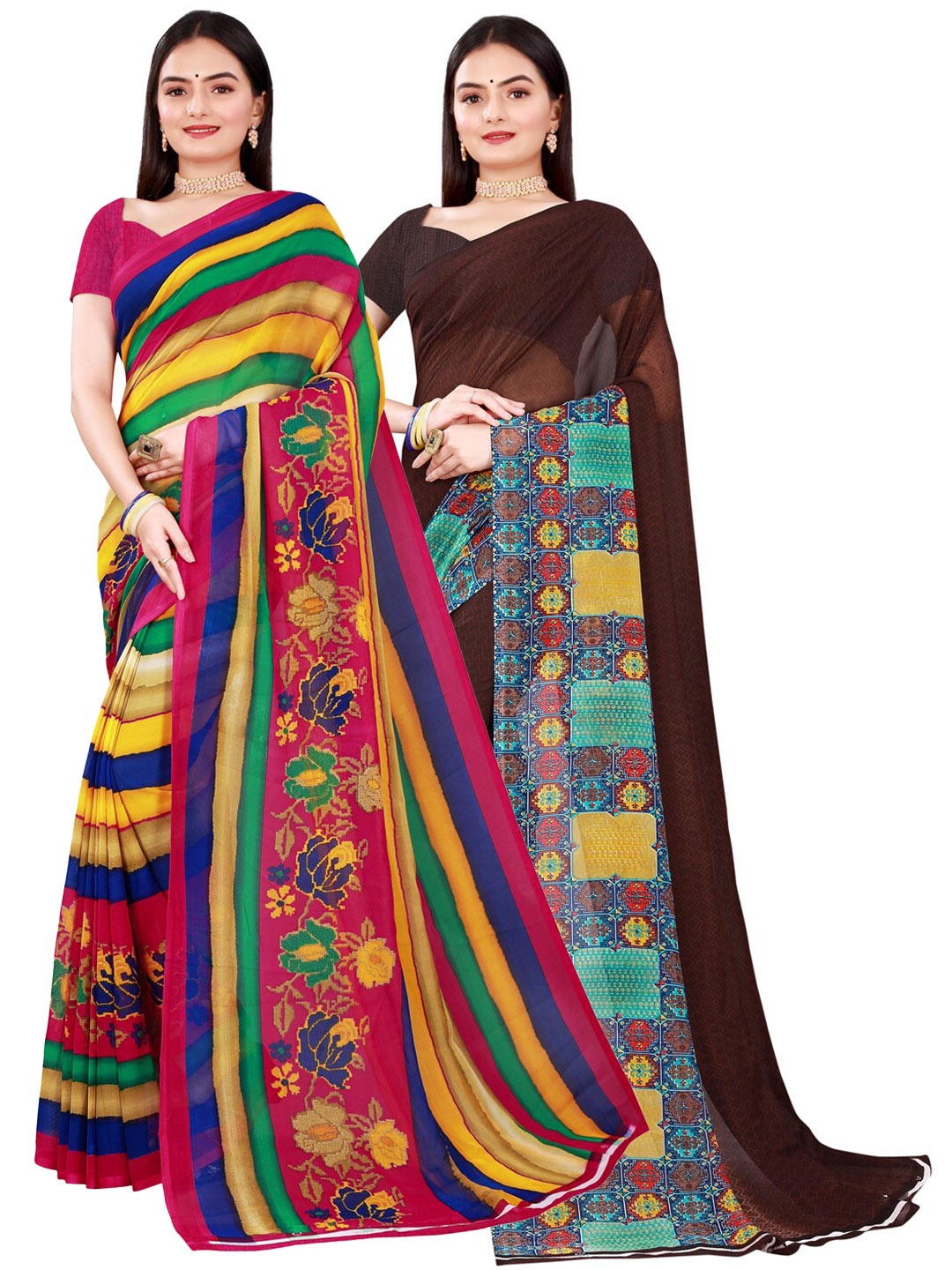 

KALINI Brown & Blue Floral Pure Georgette Saree
