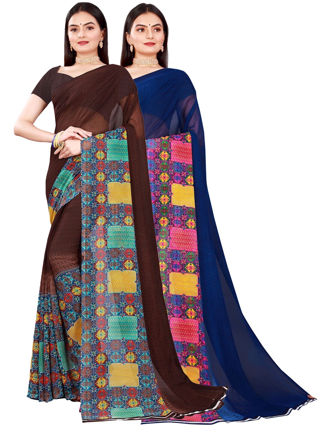 

KALINI Brown & Navy Blue Pure Georgette Saree