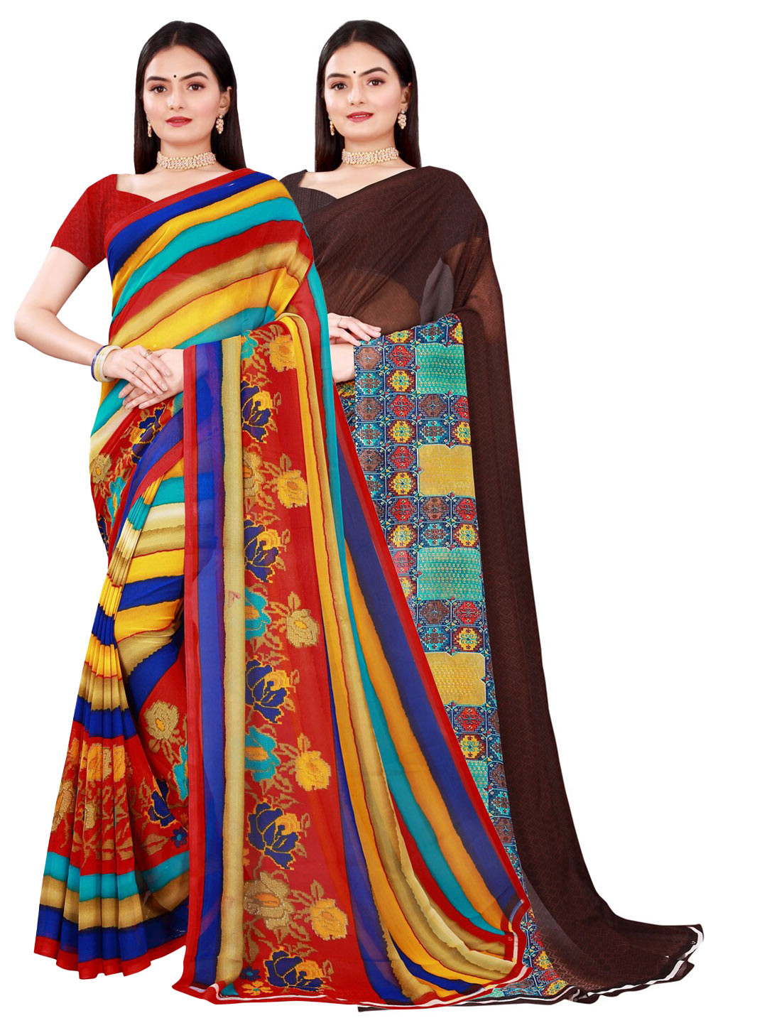 

KALINI Brown & Blue Pure Georgette Saree