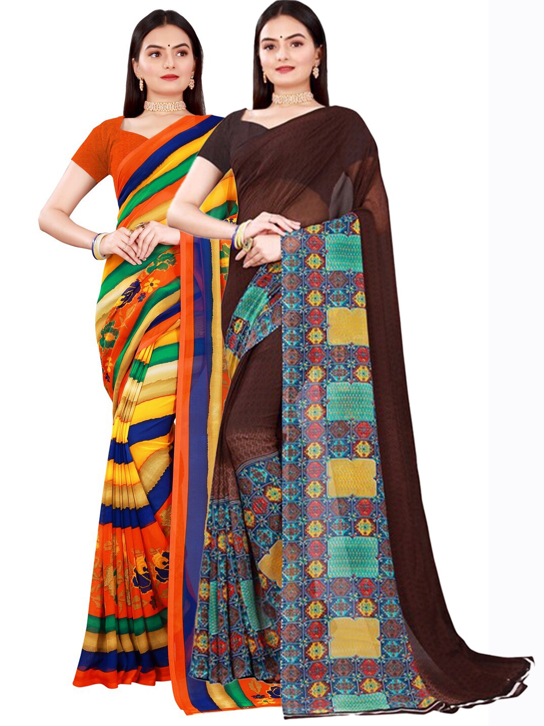 

KALINI Brown & Blue Pure Georgette Saree