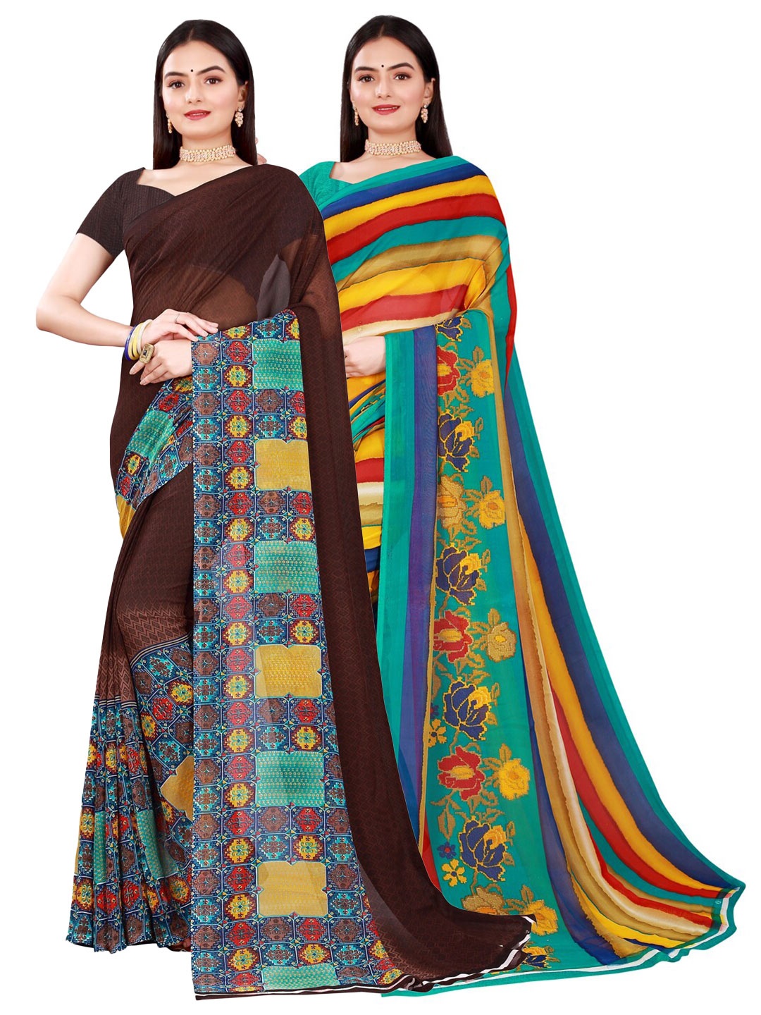 

KALINI Brown & Blue Pure Georgette Saree