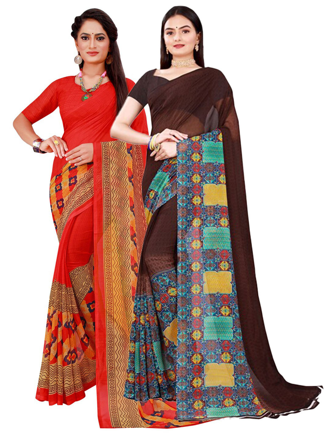 

KALINI Red & Brown Pure Georgette Saree