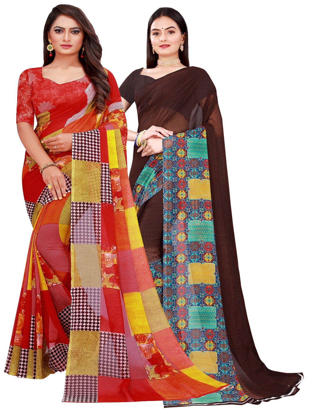 

KALINI Brown & Red Pure Georgette Saree