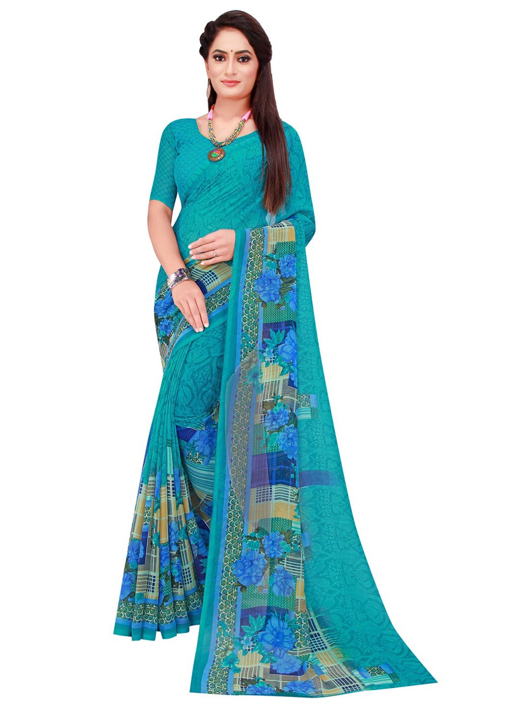 

KALINI Brown & Turquoise Blue Pure Georgette Saree