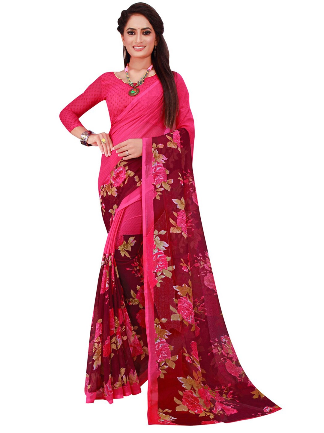 

KALINI Brown & Magenta Pure Georgette Saree