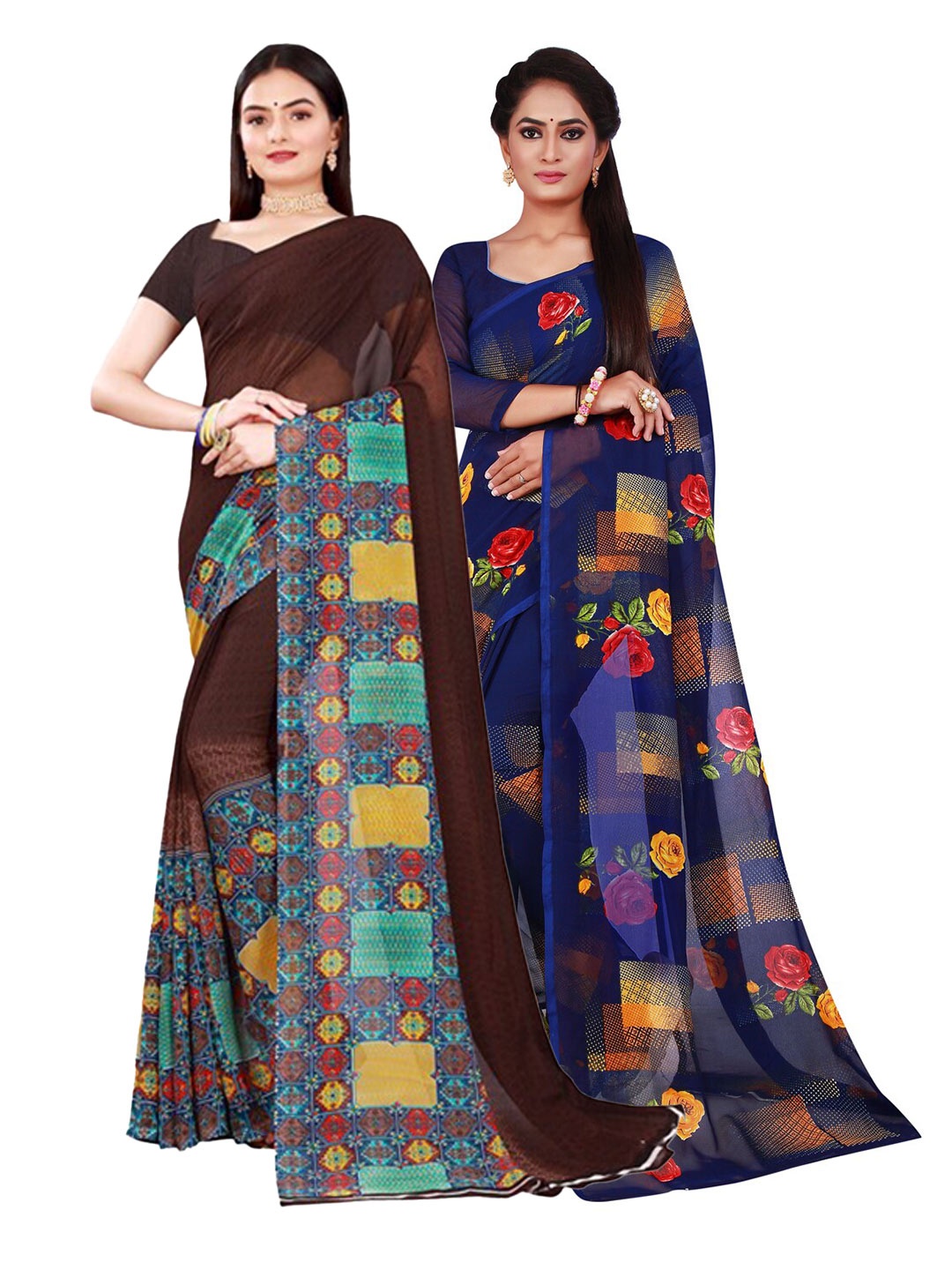 

KALINI Brown & Navy Blue Pure Georgette Saree