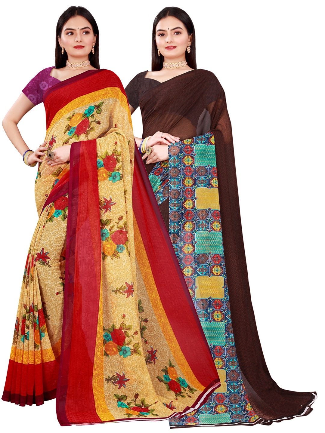 

KALINI Pack of 2 Beige & Brown Floral Pure Georgette Sarees