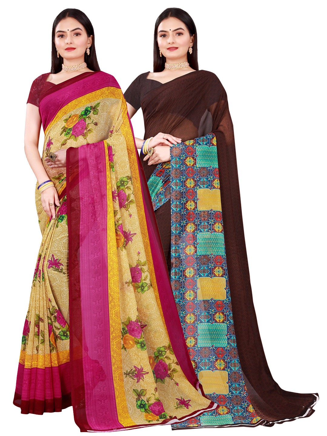 

KALINI Pack Of 2 Beige & Brown Pure Georgette Saree