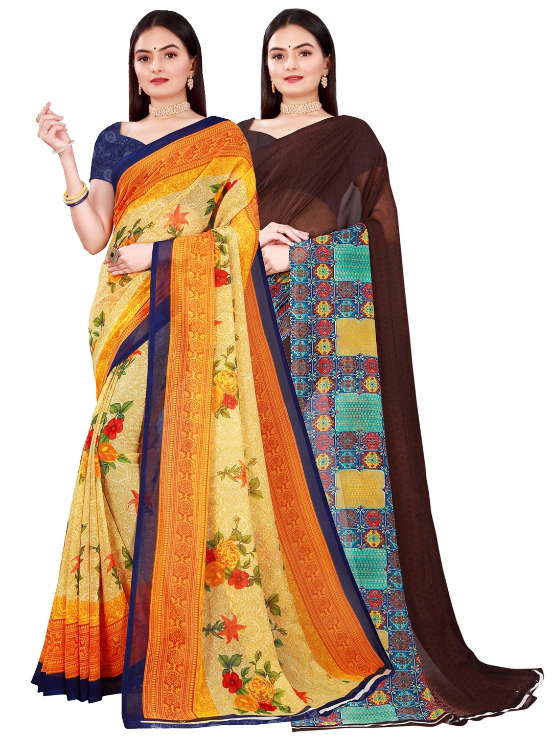 

KALINI Pack of 2 Printed Pure Georgette Sarees, Beige
