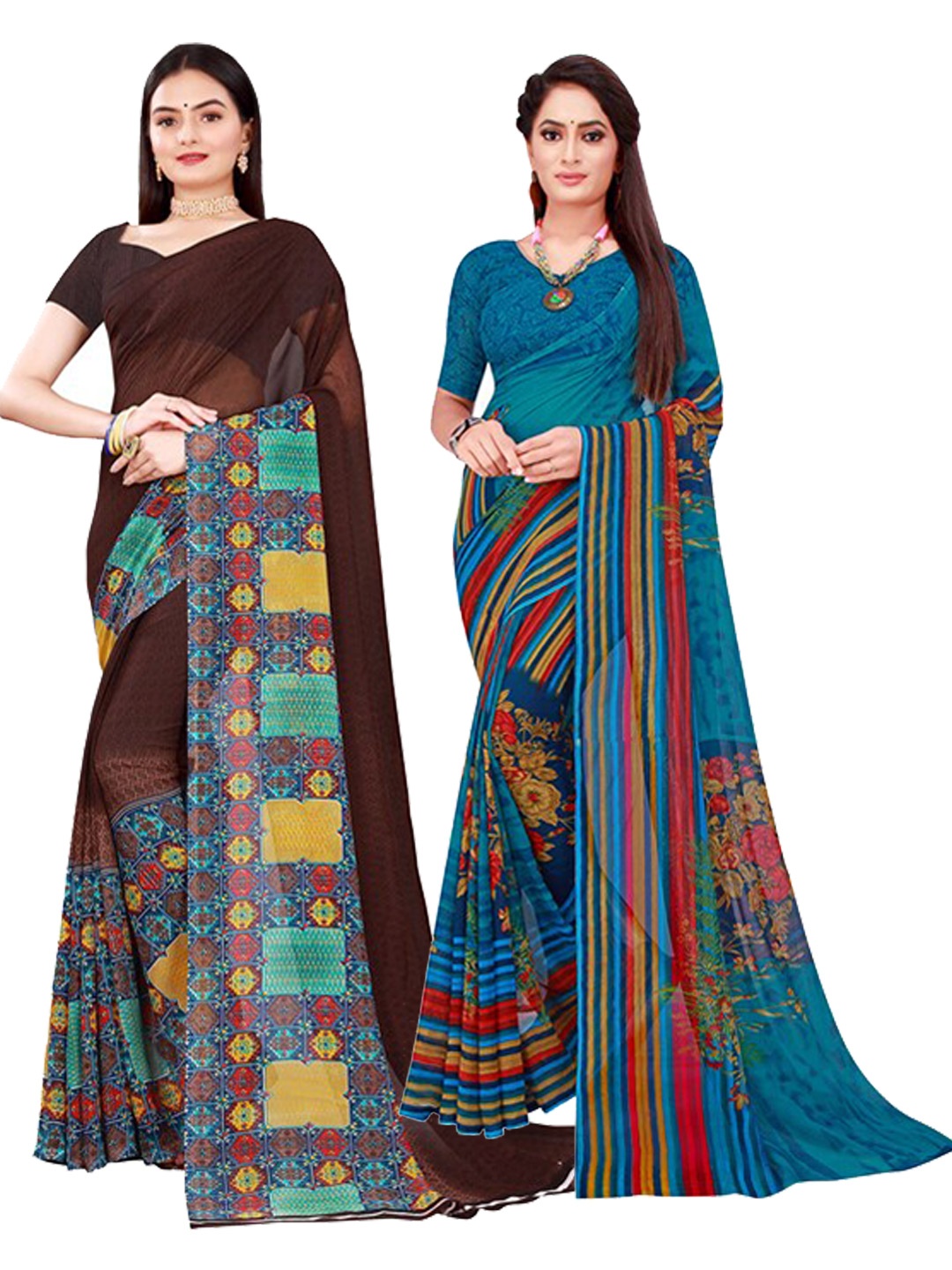 

KALINI Brown & Blue Pure Georgette Saree