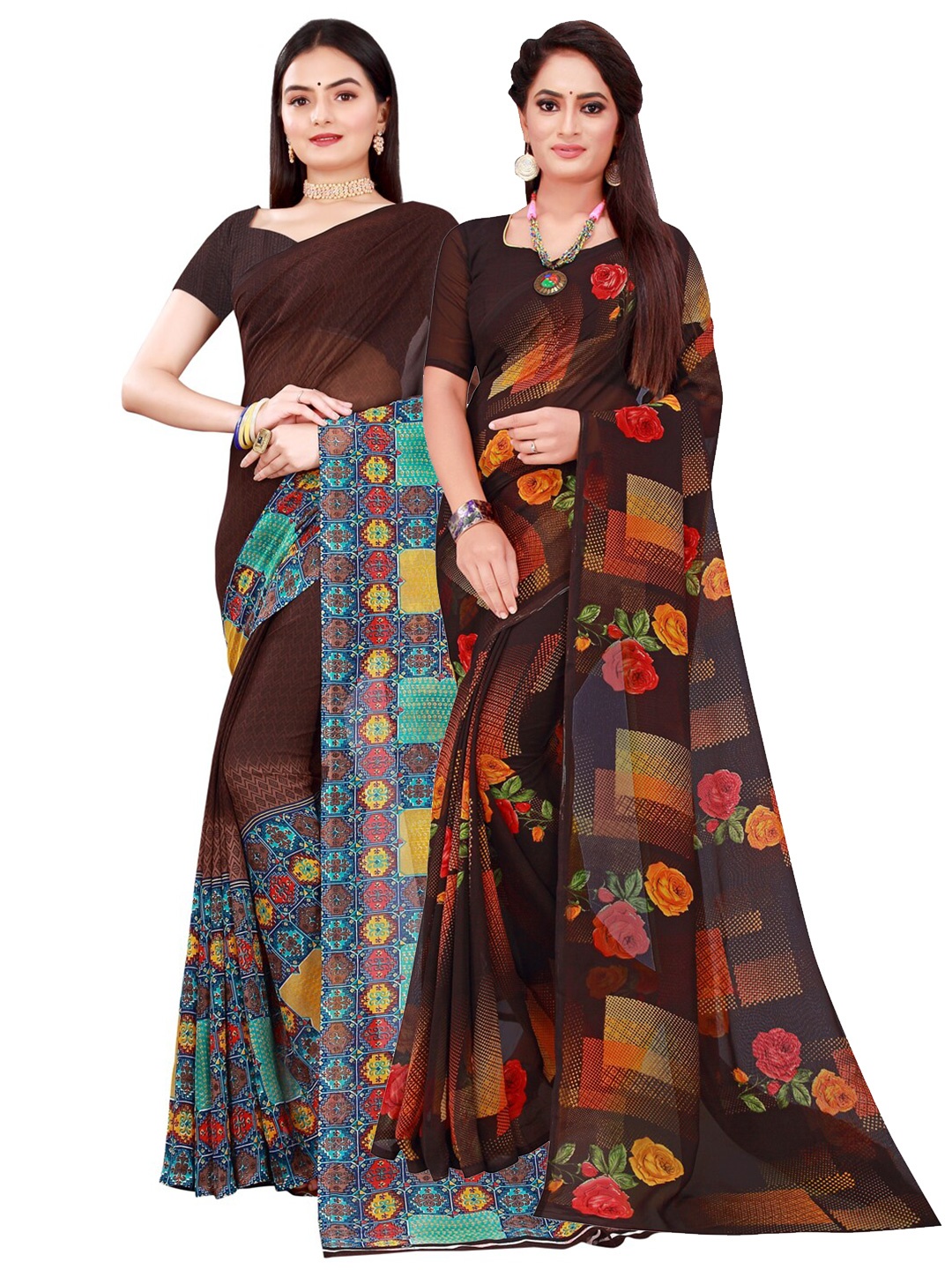 

KALINI Brown & Red Pure Georgette Saree