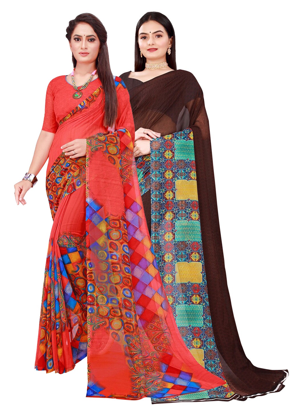 

KALINI Brown & Red Pure Georgette Saree