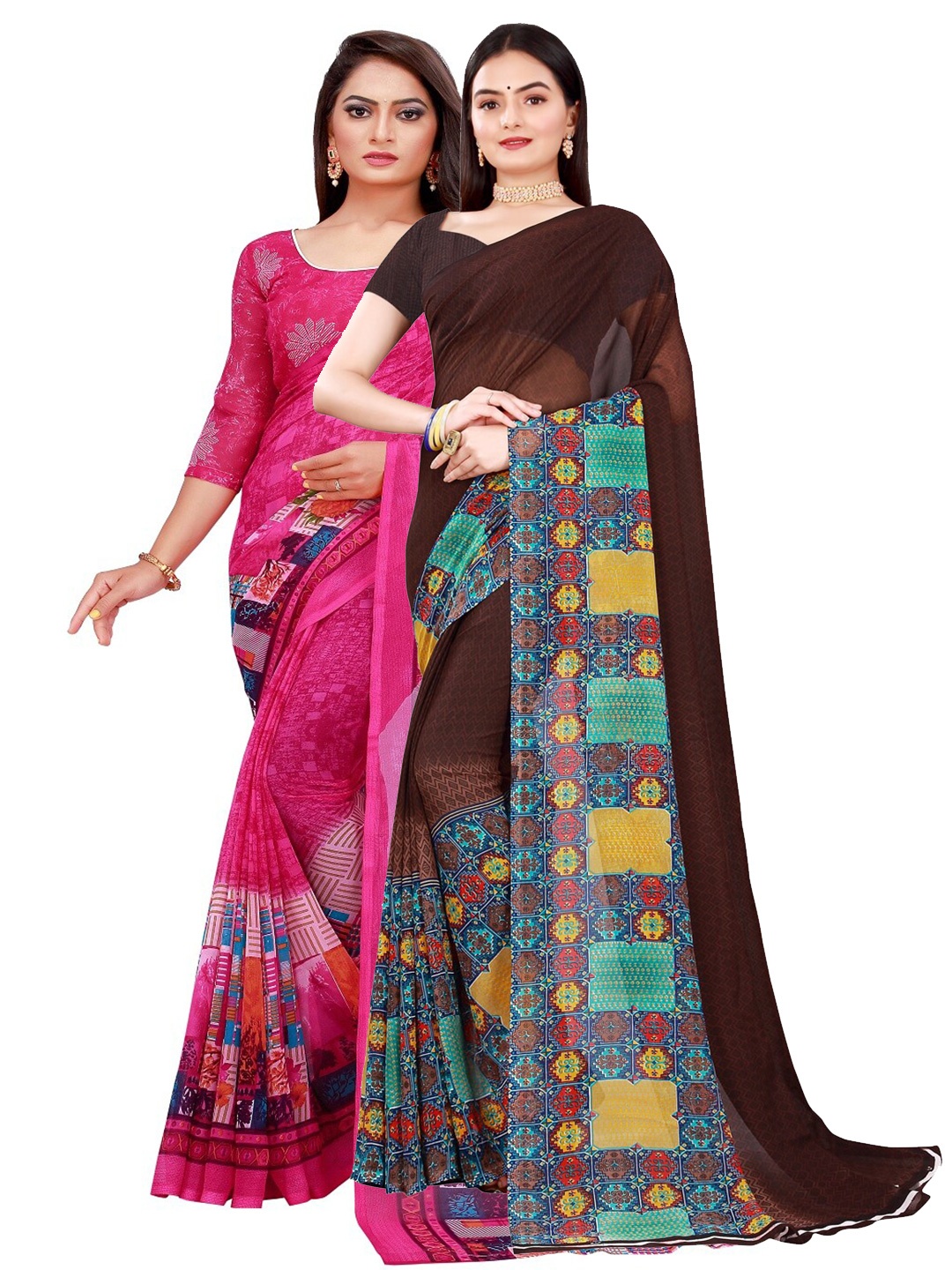 

KALINI Magenta & Brown Pure Georgette Saree