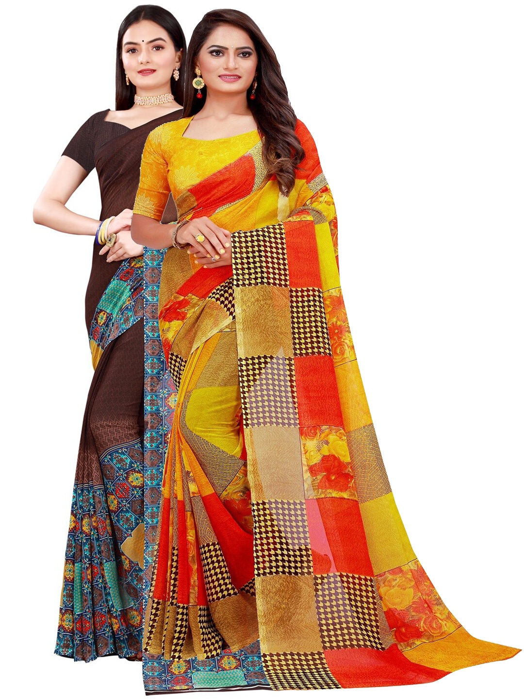 

KALINI Brown & Yellow Pure Georgette Saree