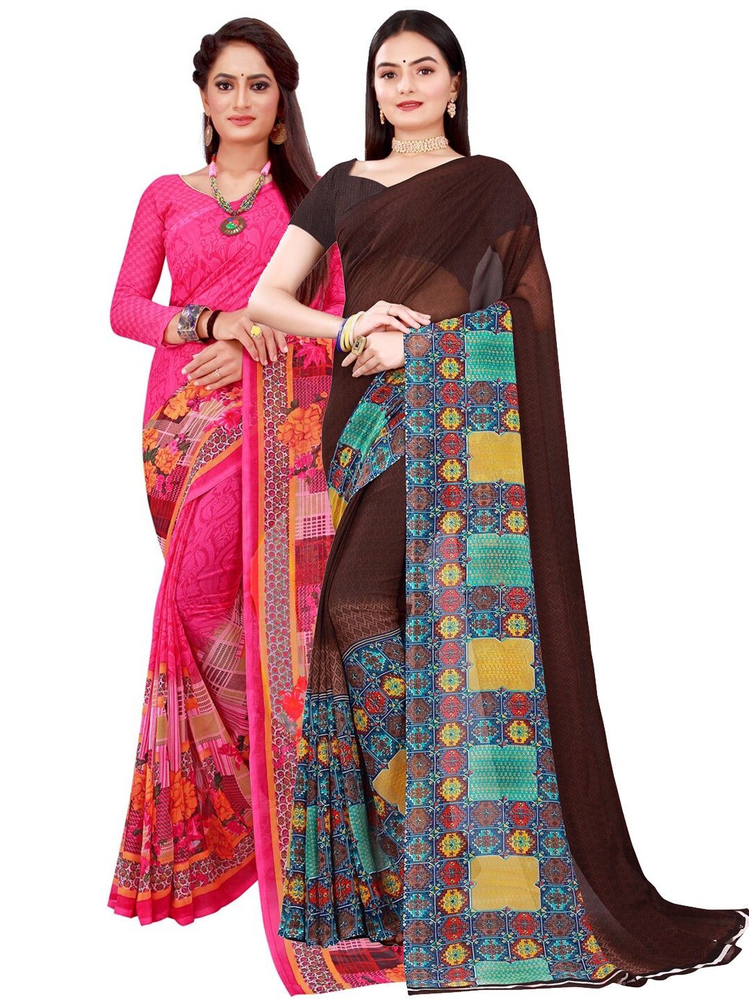 

KALINI Pink & Brown Pure Georgette Saree