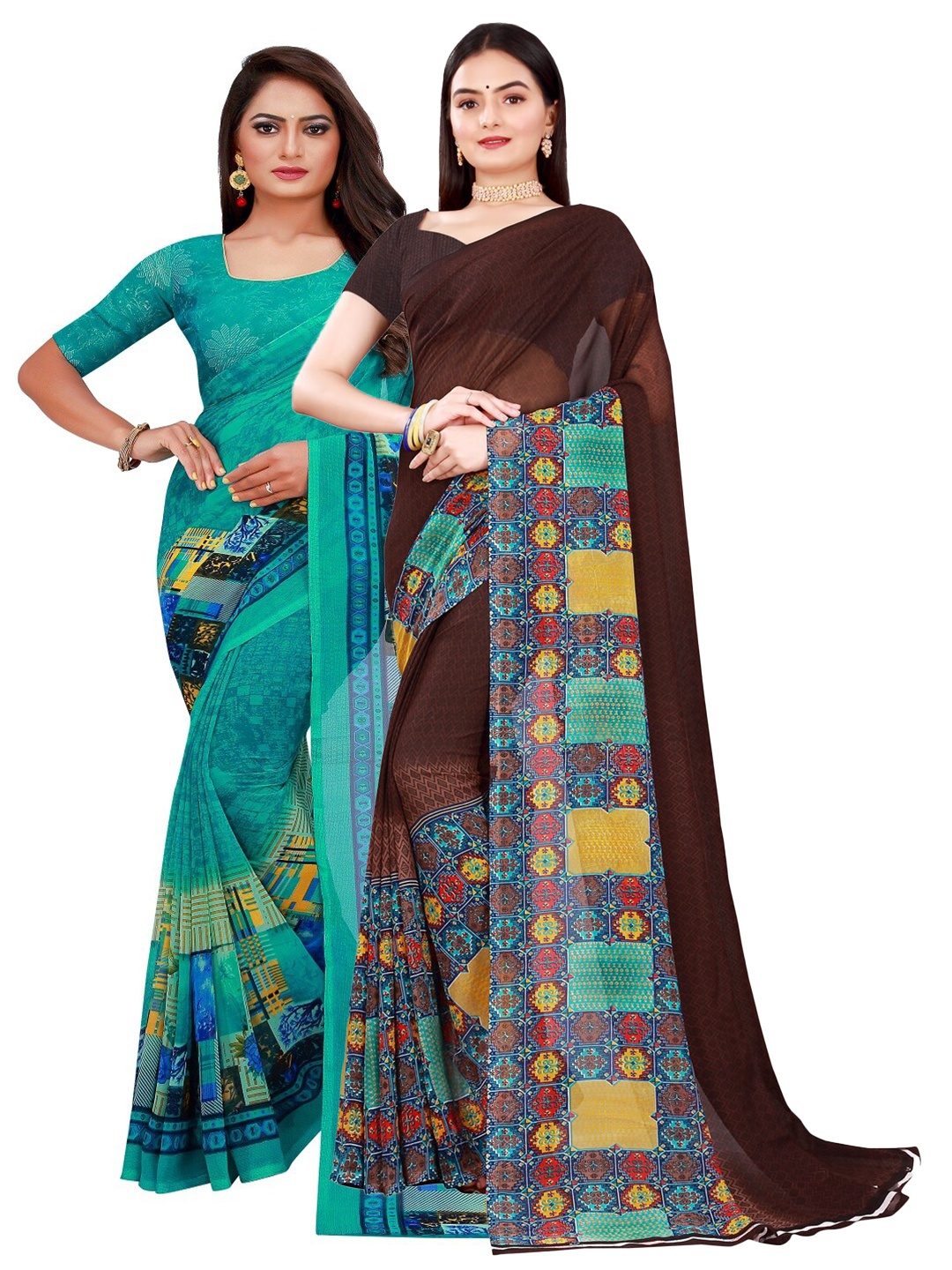 

KALINI Teal & Brown Pure Georgette Saree