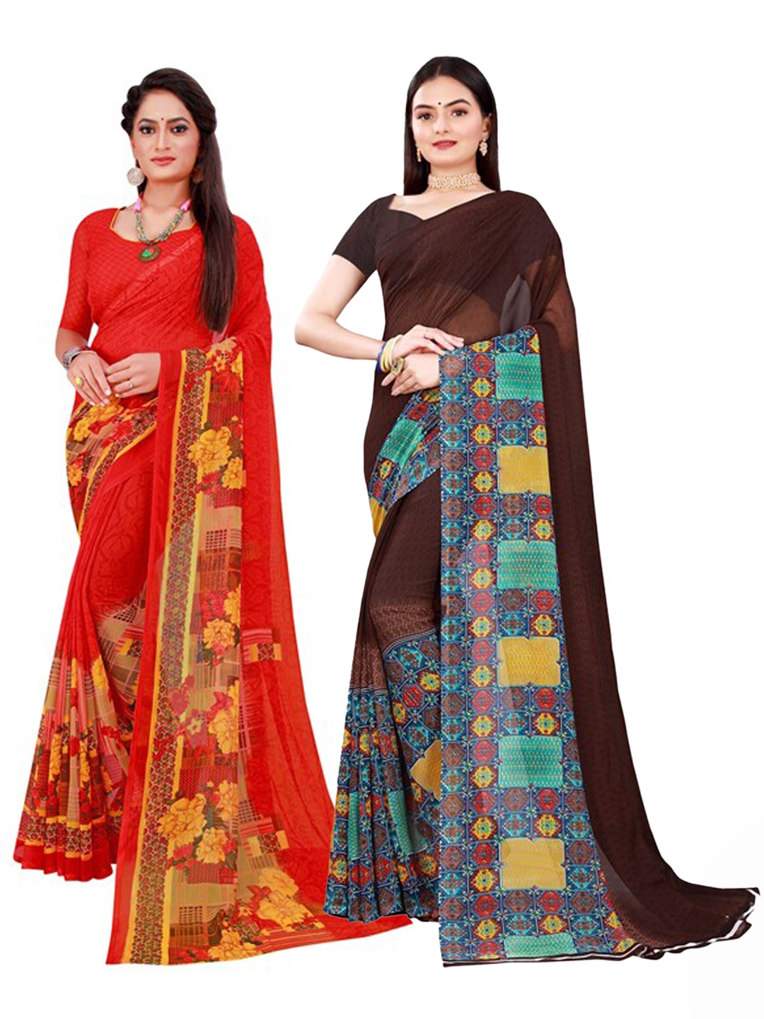 

KALINI Brown & Red Pure Georgette Saree