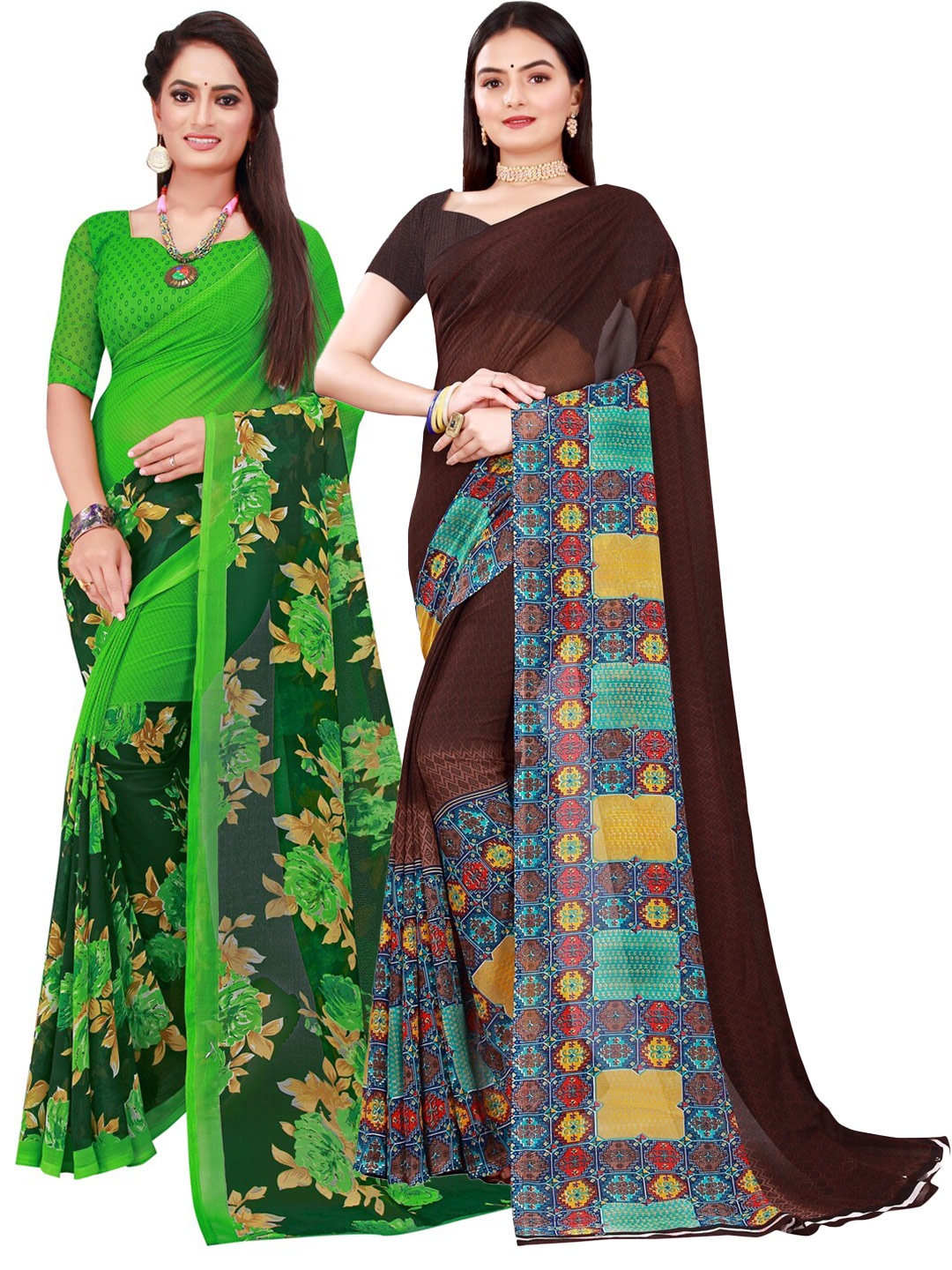 

KALINI Brown & Green Pure Georgette Saree