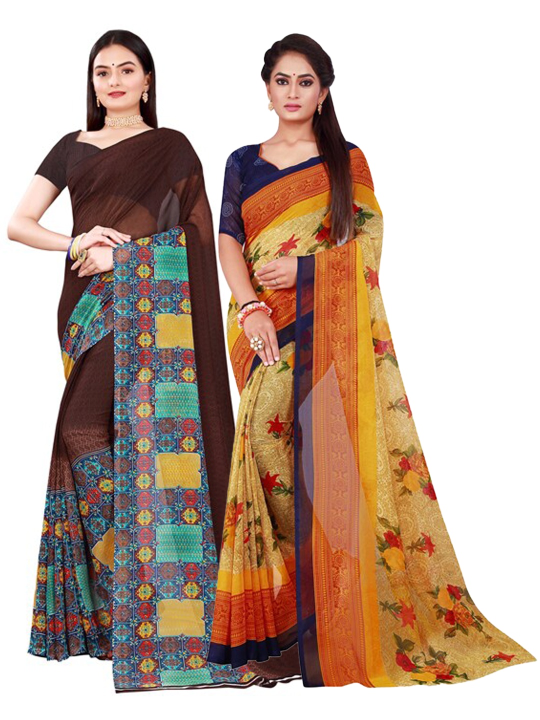 

KALINI Brown & Blue Pure Georgette Saree