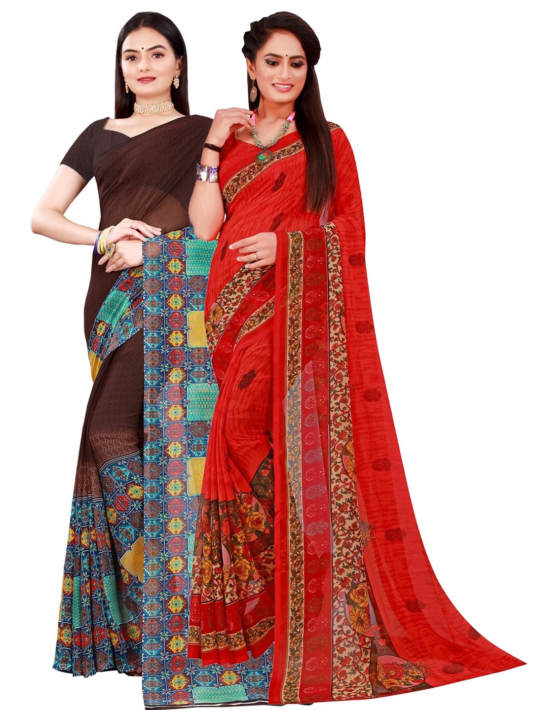 

KALINI Brown & Red Pure Georgette Saree