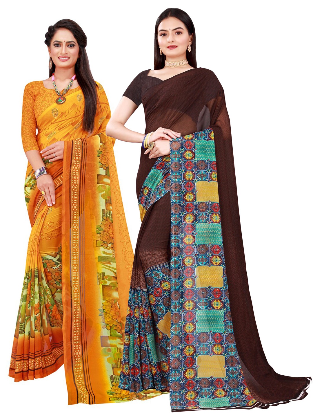 

KALINI Brown & Yellow Pure Georgette Saree