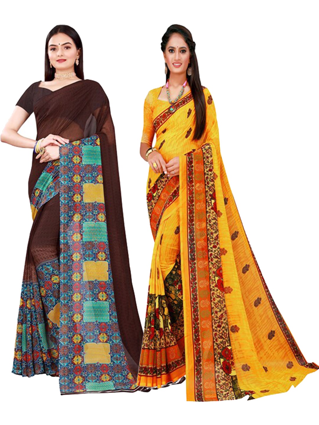 

KALINI Brown & Yellow Pure Georgette Saree
