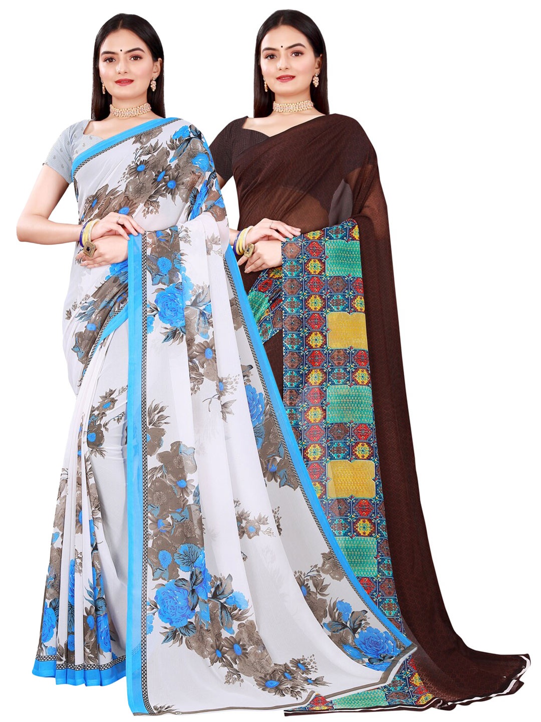 

Florence Brown & White Pure Georgette Saree