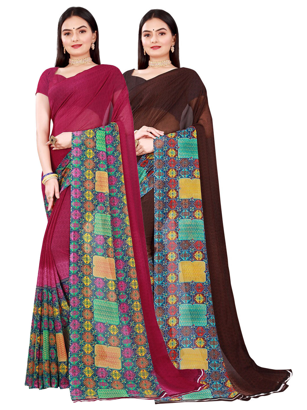 

Florence Maroon & Brown Pure Georgette Saree