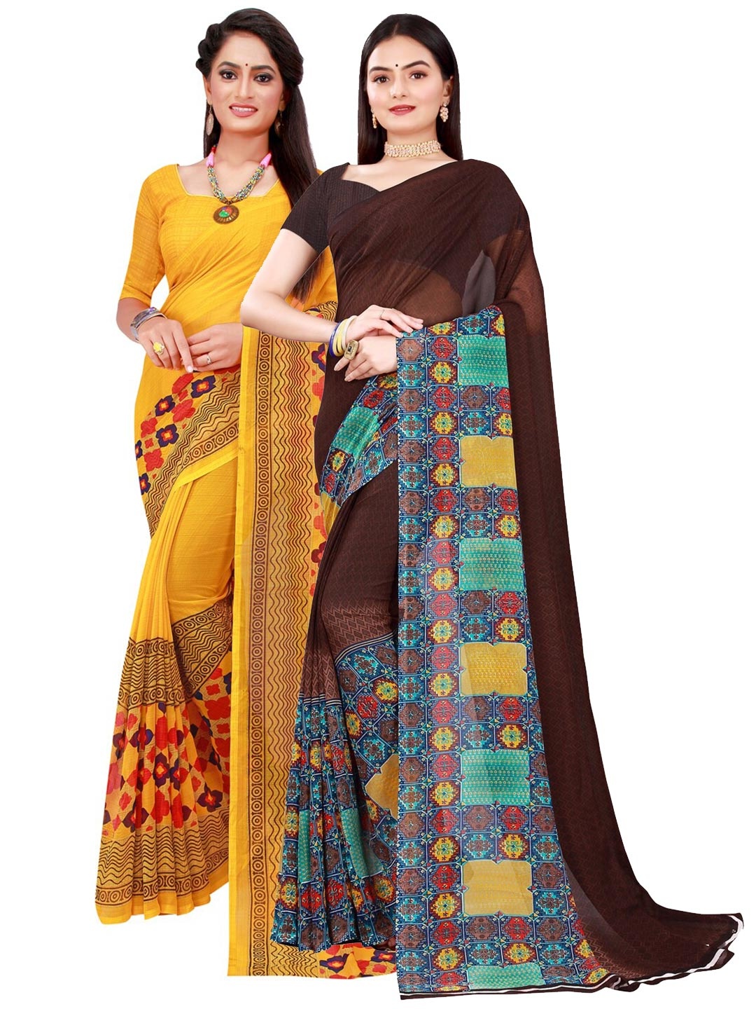 Florence Yellow & Brown Pure Georgette Saree