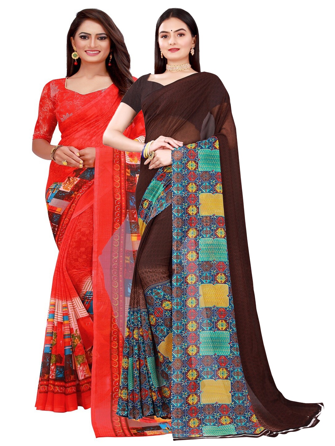 Florence Brown & Red Pure Georgette Saree