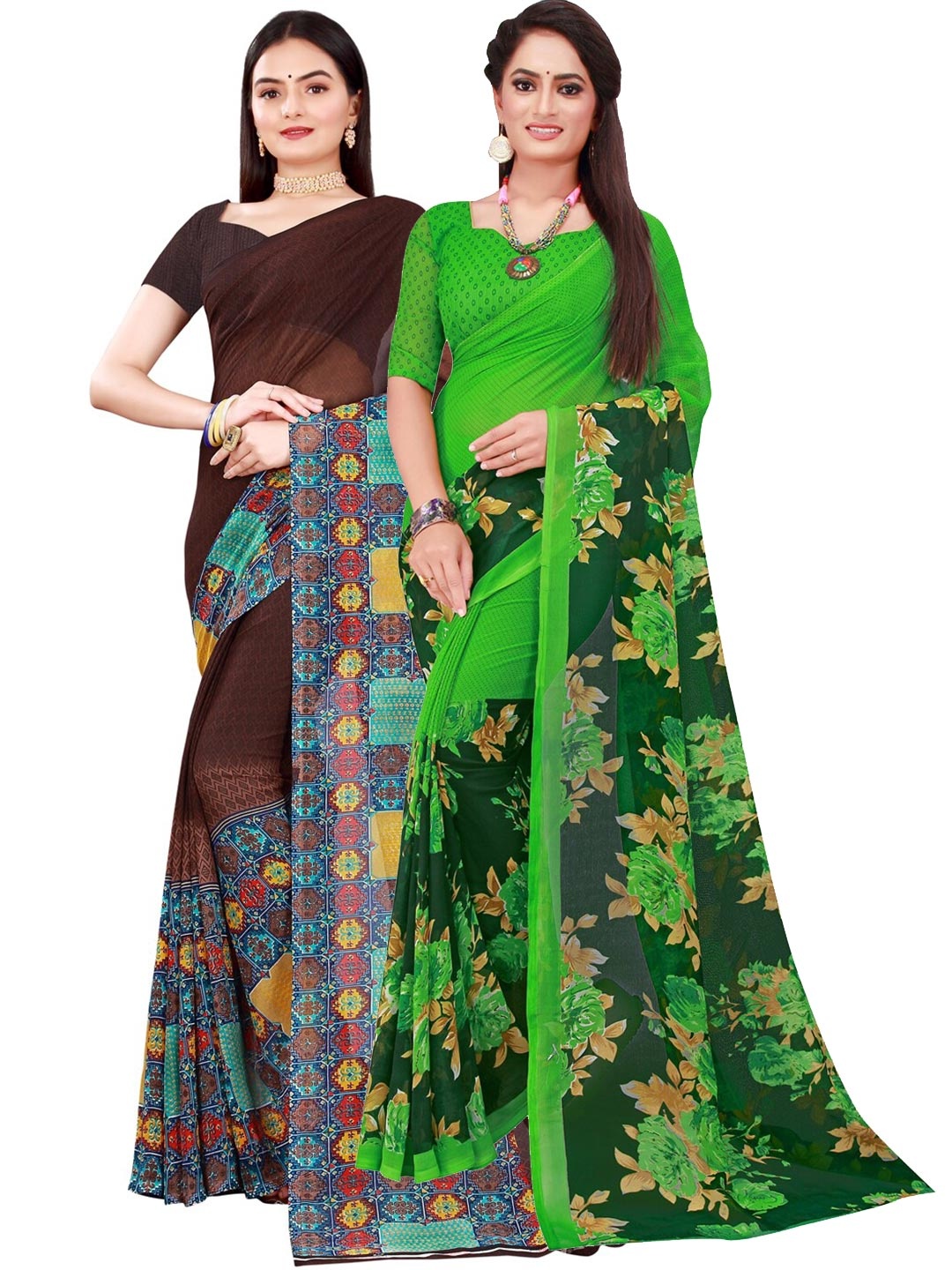 

Florence Brown & Green Pure Georgette Saree