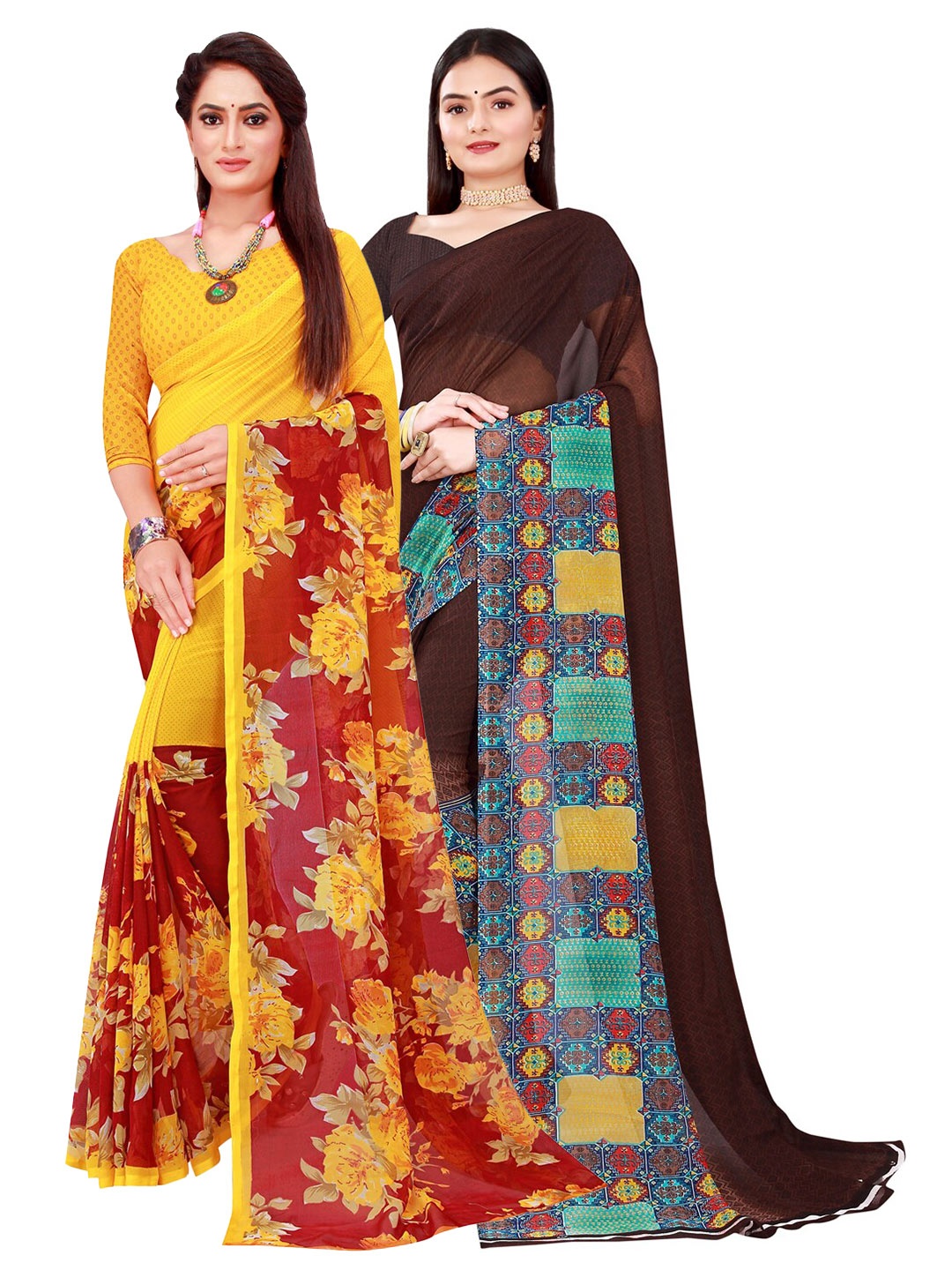 

Florence Brown & Yellow Pure Georgette Saree