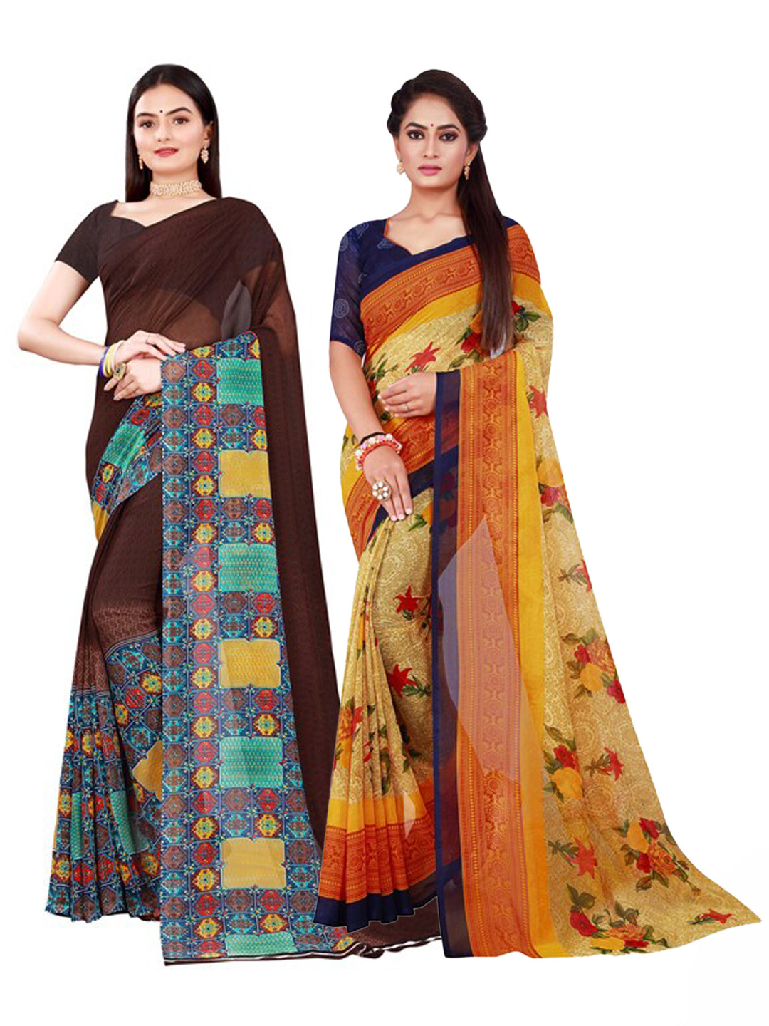 

Florence Brown & Blue Pure Georgette Saree