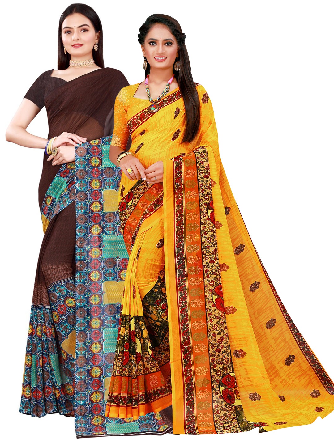 

Florence Brown & Yellow Pure Georgette Saree