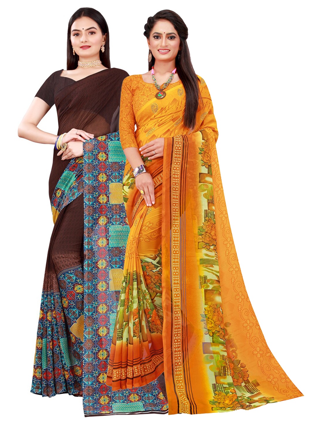 Florence Brown & Yellow Pure Georgette Saree
