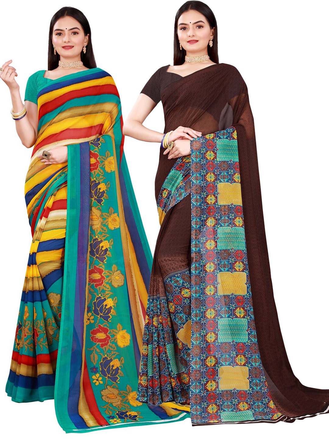 

Florence Brown & Blue Pure Georgette Saree