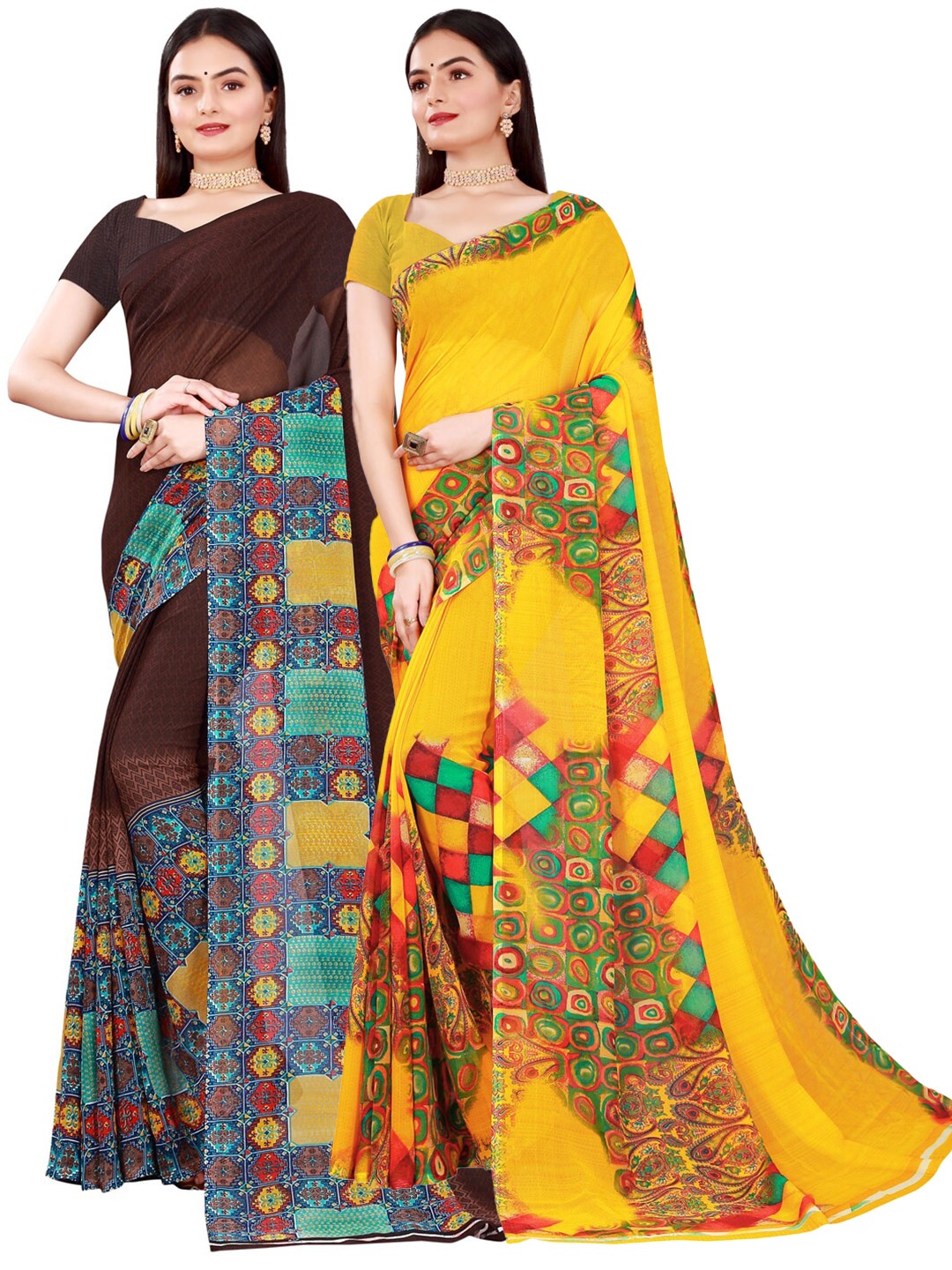 Florence Brown & Yellow Pure Georgette Saree