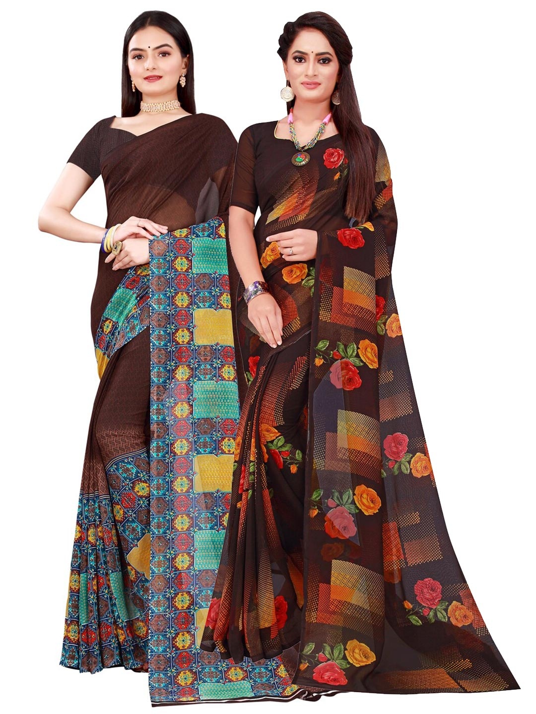 Florence Brown & Blue Pure Georgette Saree