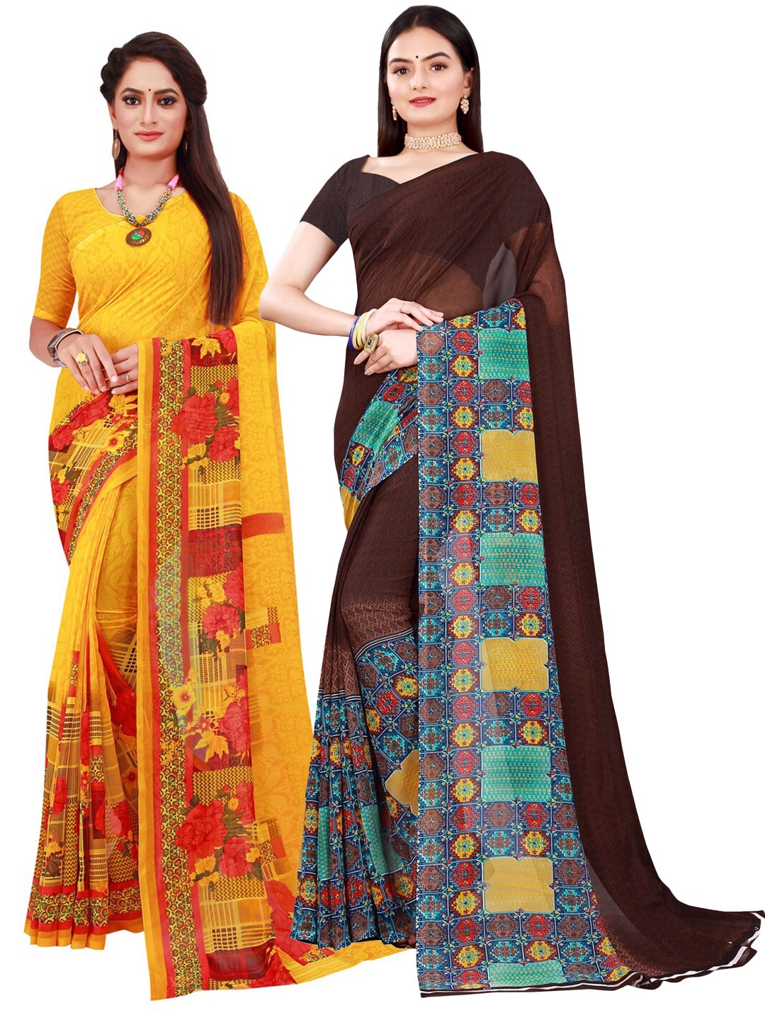 

Florence Yellow & Brown Pure Georgette Saree