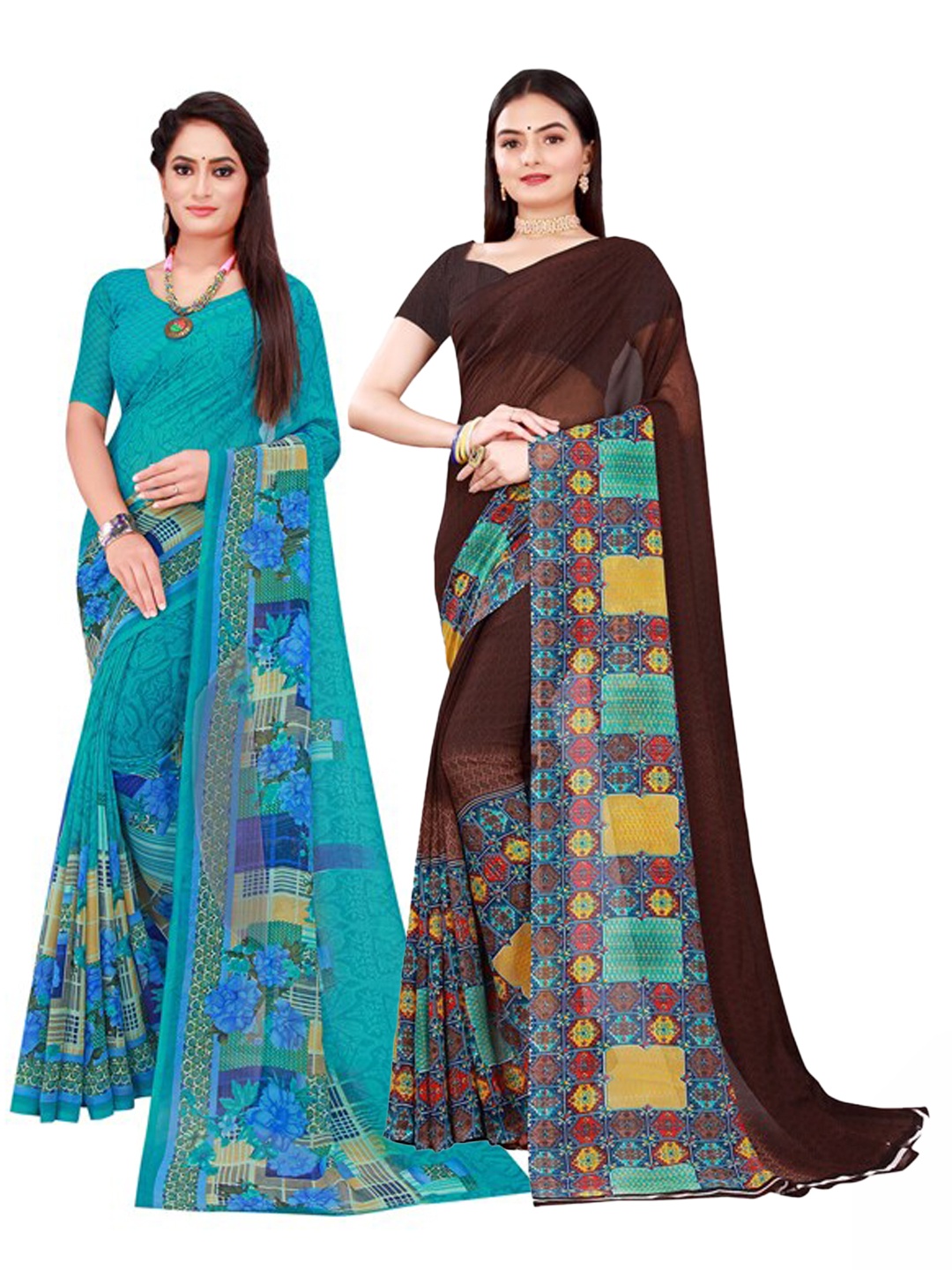 

Florence Brown & Turquoise Blue Pure Georgette Saree